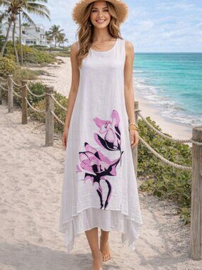 Tendency Gauzy Linen Tank Midi Maxi Dress Floral Design Handkerchief Hem NEW